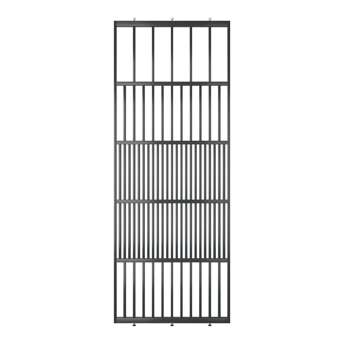 Houten roomdivider van RAL7021 massief eiken, ontworpen voor een strakke, hotel chique uitstraling. Een elegante toevoeging aan elk interieur.